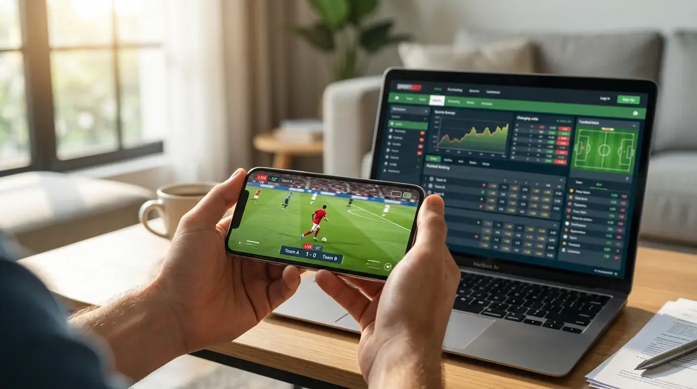 Apostador siguiendo un partido de la J-League en directo desde su móvil con cuotas en vivo de hándicap asiático