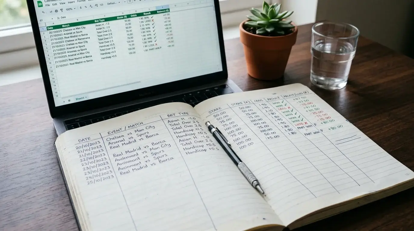 Cuaderno de gestión de stake con anotaciones de apuestas de hándicap asiático en la J-League junto a un portátil