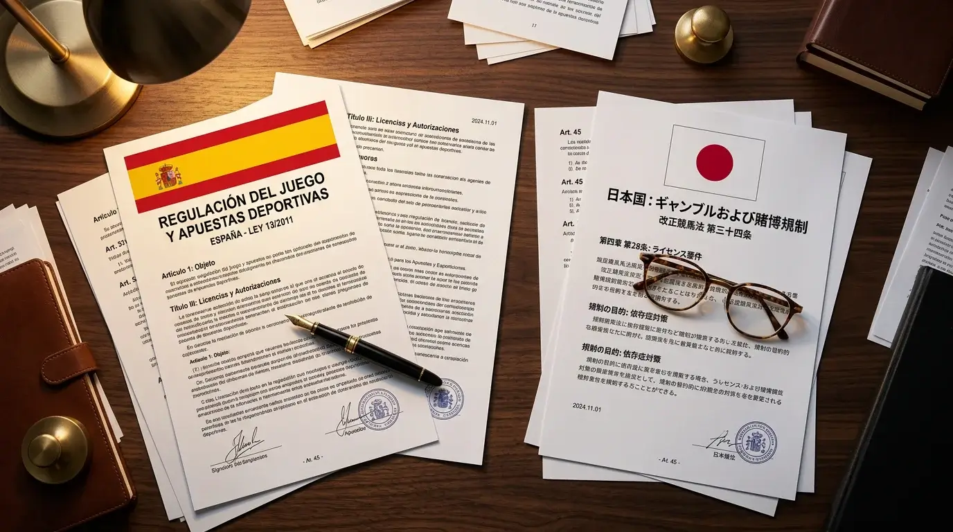Documentos legales y normativas de regulación de apuestas deportivas en España y Japón sobre una mesa de trabajo